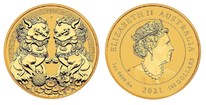 Złota moneta – Złote Australijskie Lwy – Chińskie Double Pixiu 2021 – 1 uncja złota